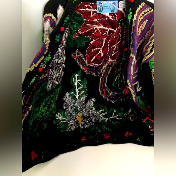 Vintage Just Better Sweaters Lisa Coufal Floral Christmas Cardigan 2XL Hand Knit - Picture 6 of 8